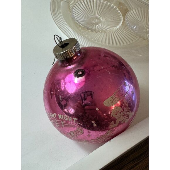 Vintage large  pink Christmas ball, Christmas ornament Silent Night stenciled - Picture 2 of 6